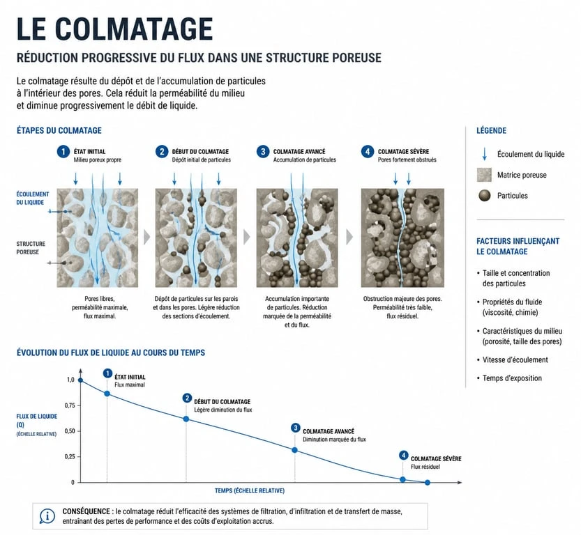 Schéma explicatif du processus de colmatage d'un filtre