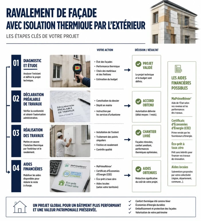 Infographie sur la nouvelle loi ravalement de façade et les étapes de l'isolation thermique par l'extérieur