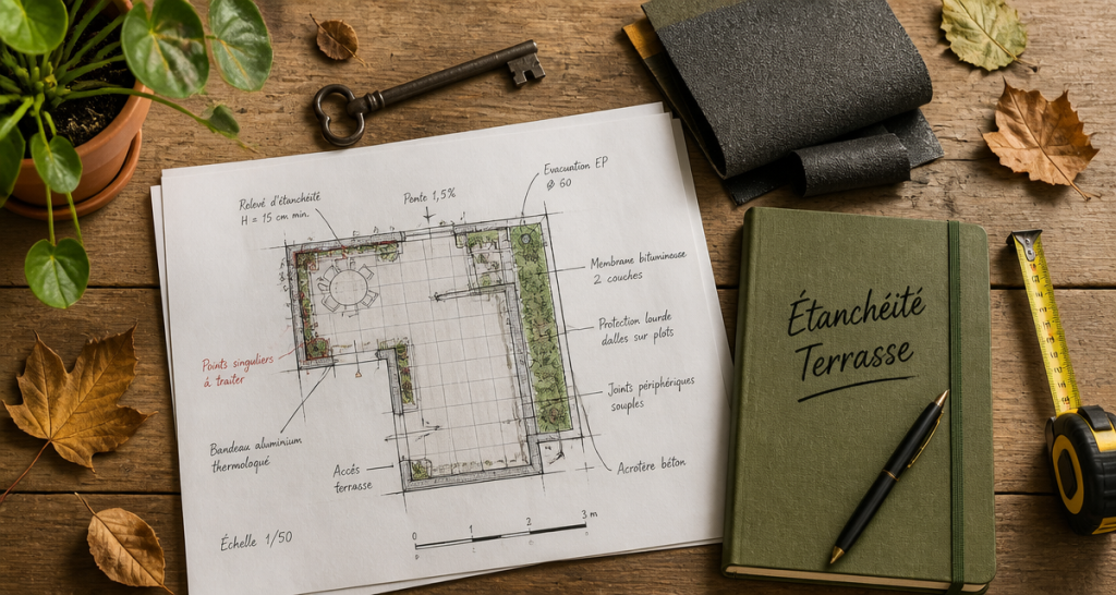 étanchéité terrasse privative copropriété, plan et outils sur bureau