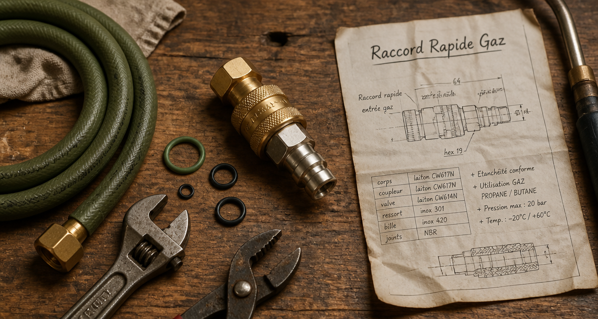 raccord rapide gaz sur établi avec outils et fiche technique