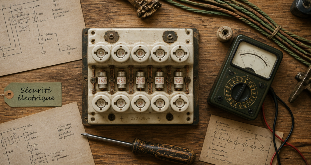ancien tableau électrique avec fusible sur plan de travail