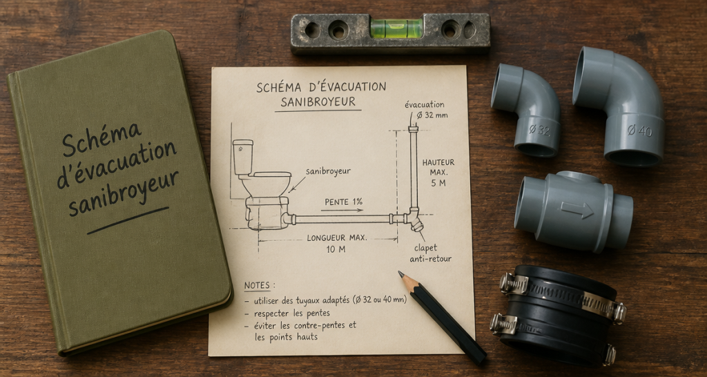 schema evacuation sanibroyeur dessiné à la main sur plan de travail