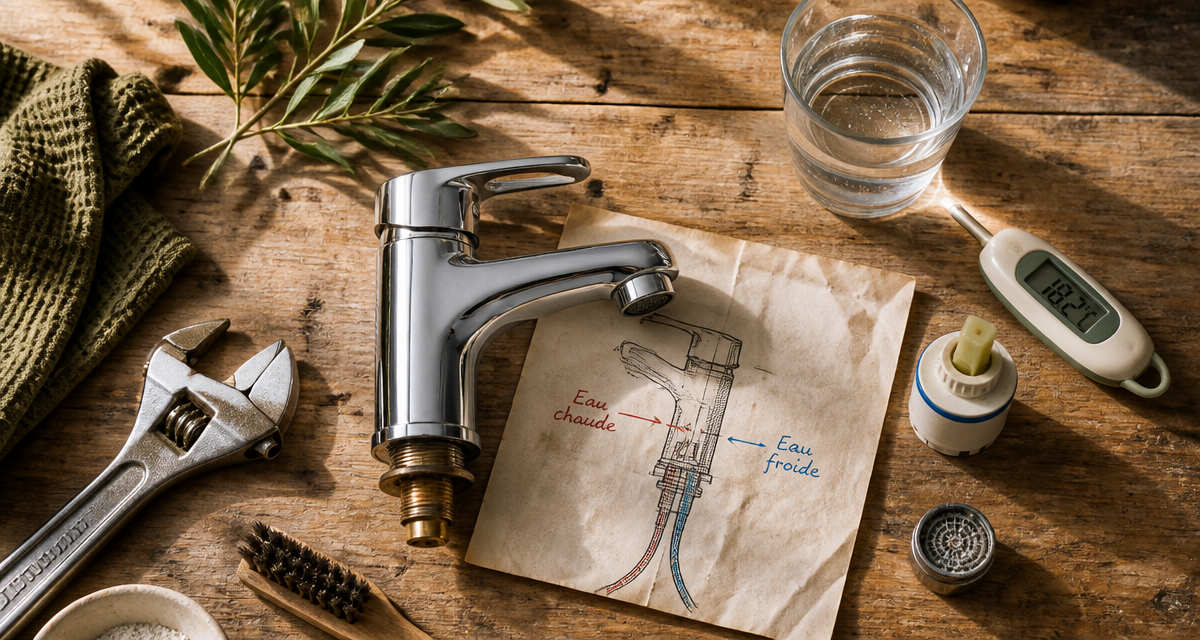 eau chaude et eau froide mitigeur et outils sur plan de travail