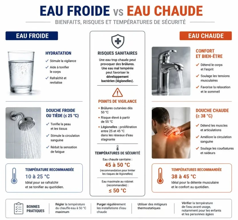 Infographie comparative des usages et risques de l'eau chaude et de l'eau froide dans la maison