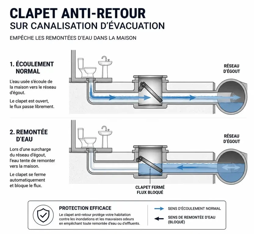 Schéma de fonctionnement d'un clapet anti-retour pour empêcher l'eau de remonter lors de fortes pluies