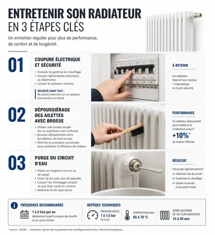 Infographie illustrant les étapes pour nettoyer un radiateur et assurer son entretien