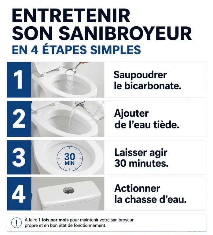 Infographie des étapes pour nettoyer un sanibroyeur au bicarbonate de soude