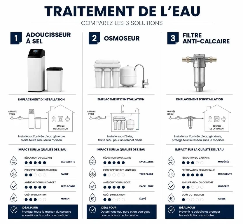 Comparatif des solutions pour obtenir une eau non calcaire : adoucisseur, osmoseur et filtre