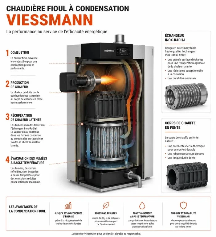 Schéma technique du fonctionnement d'une chaudière fioul Viessmann à condensation pour optimiser le rendement énergétique