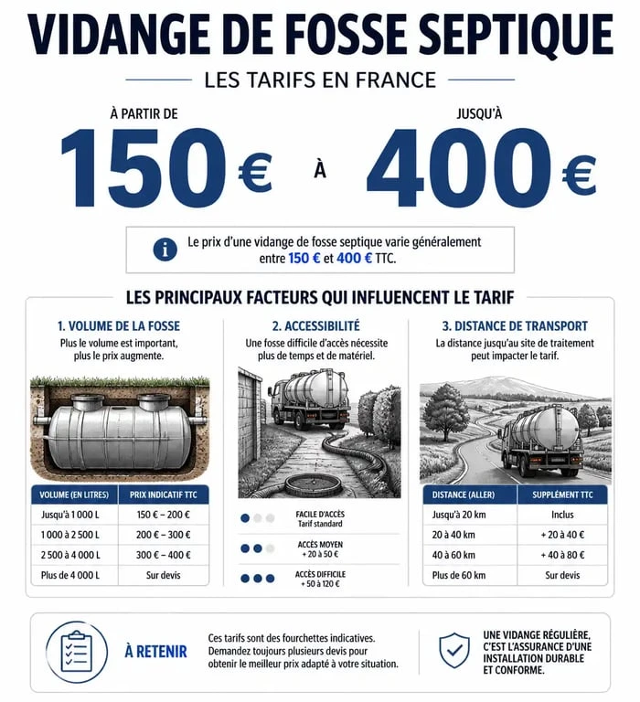 Infographie des tarifs de vidange de fosse septique en France : prix moyen et facteurs de variation