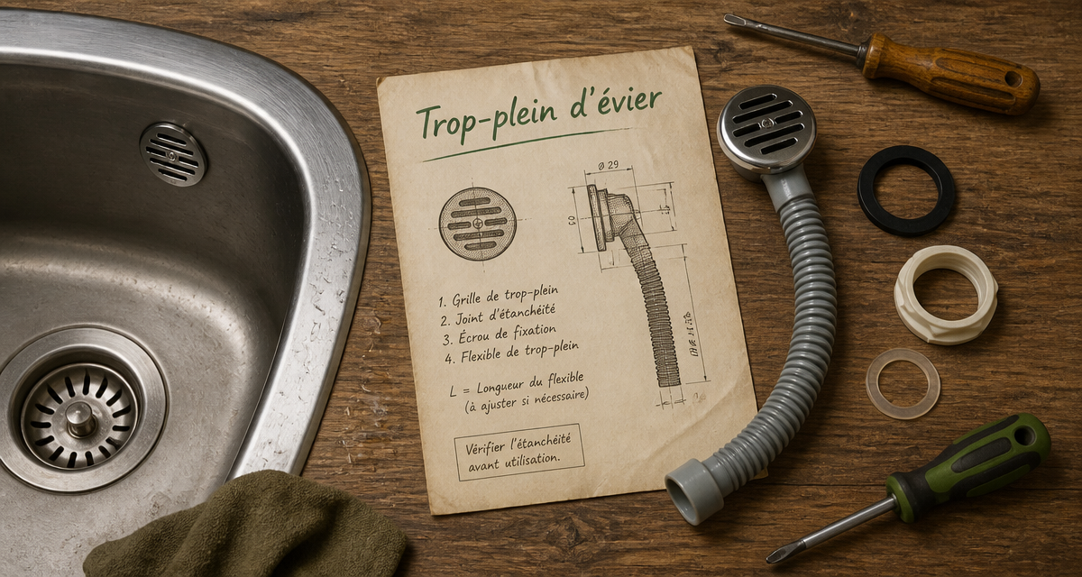 evier trop plein avec grille et outils