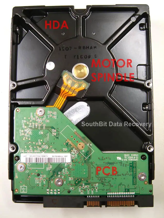 Underside of a Western Digital hard drive showing the PCB and spindle motor base