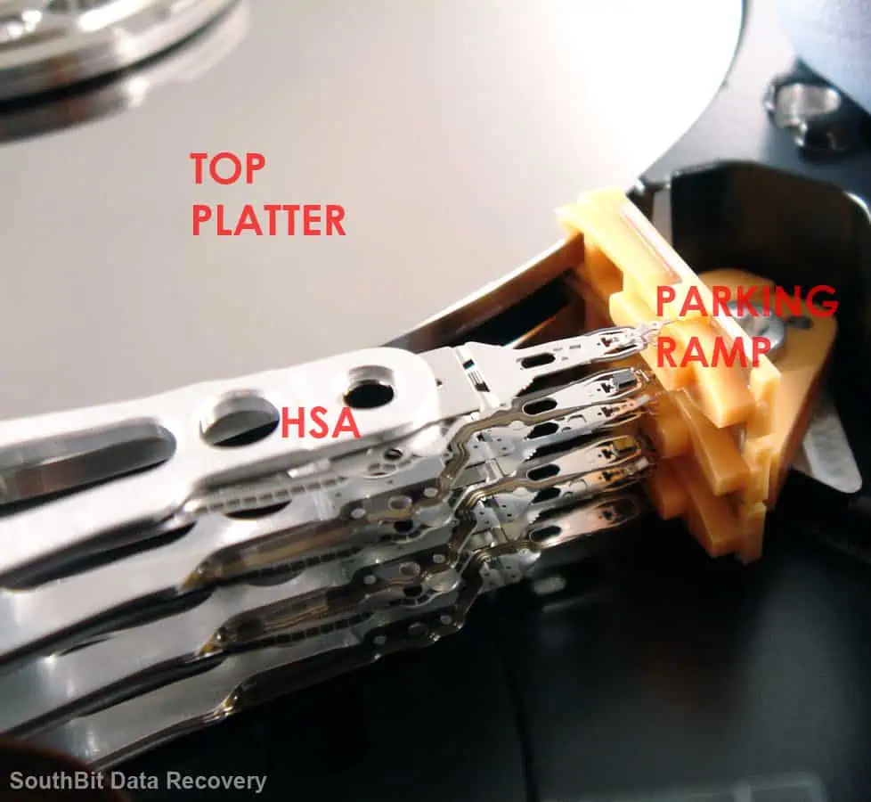Hard drive head stack assembly parked on the ramp