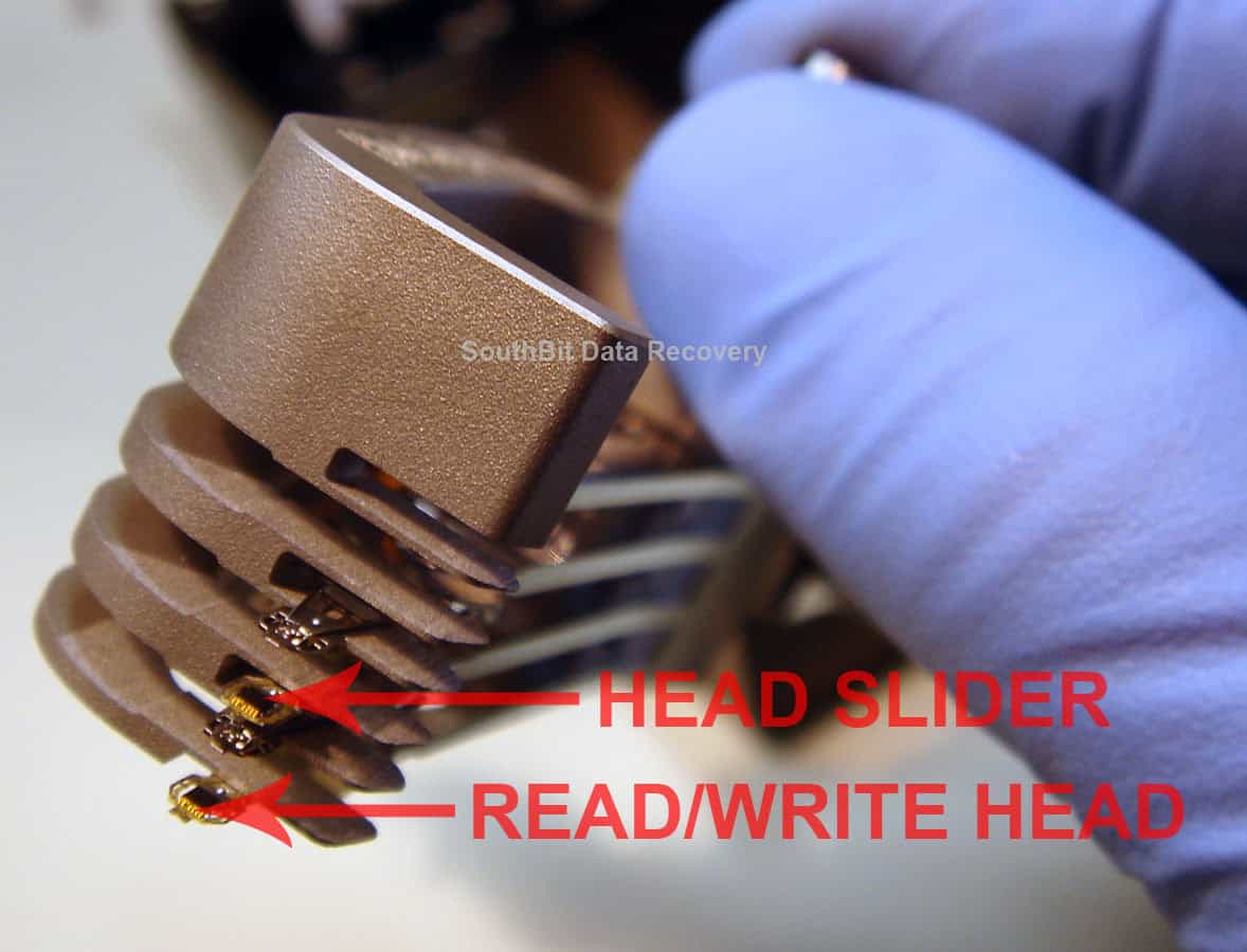 Close-up of a hard drive read/write head element