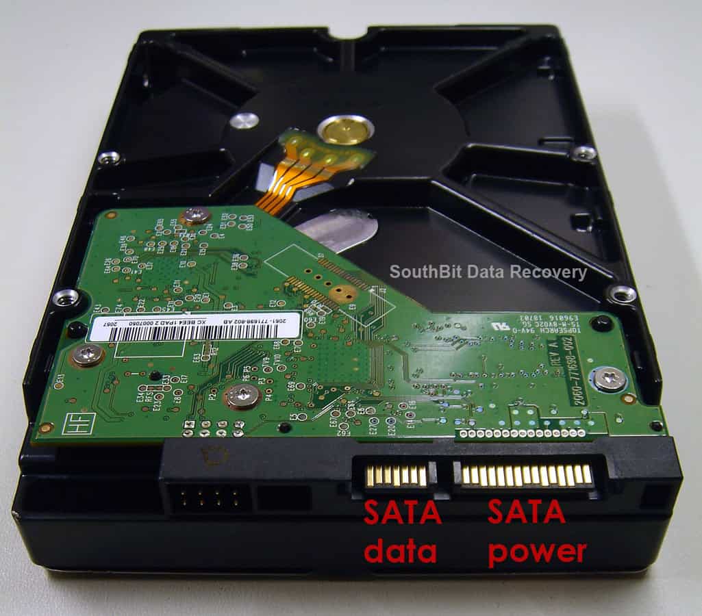 SATA data and power connectors on a hard drive