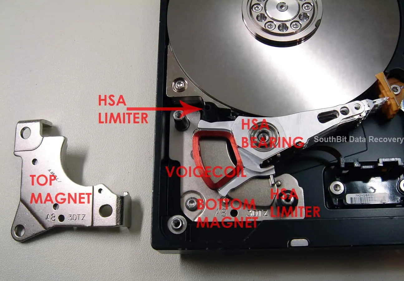 Hard drive voice coil and bottom magnet visible with top magnet removed