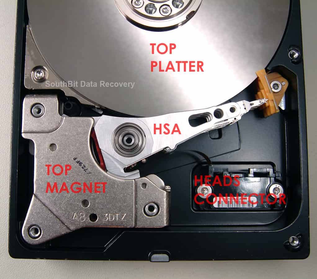 Hard drive top magnet and heads connector in place