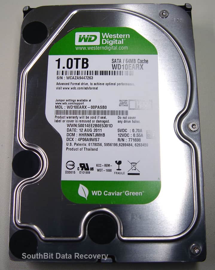 Top of a Western Digital hard drive showing the HDA casing and label