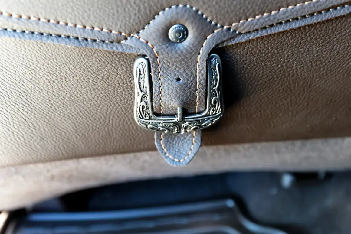 Elegant leather seat buckle detail in a luxury vehicle.