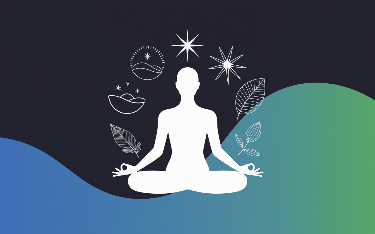 silhouette meditation sommeil energie ashwagandha feuilles fond bleu-vert