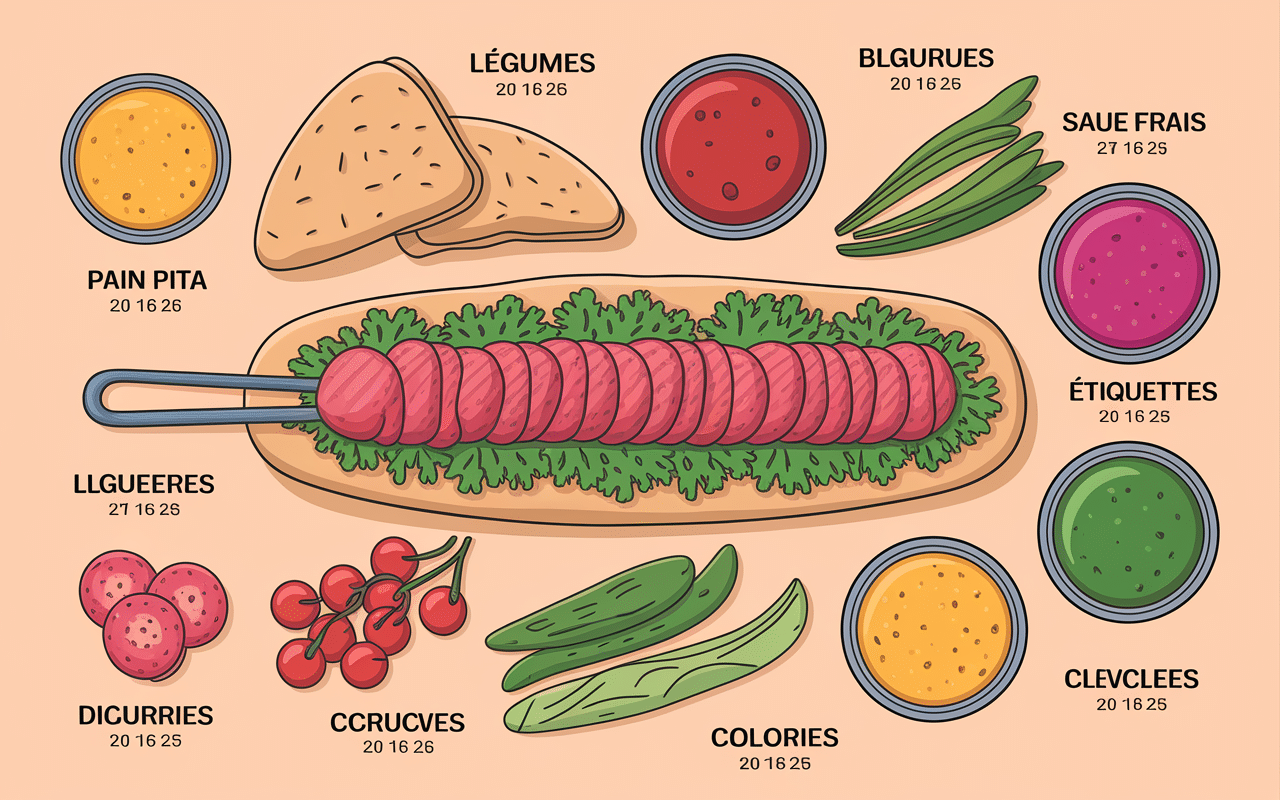 illustration calorie kebab ingredients avec etiquettes caloriques