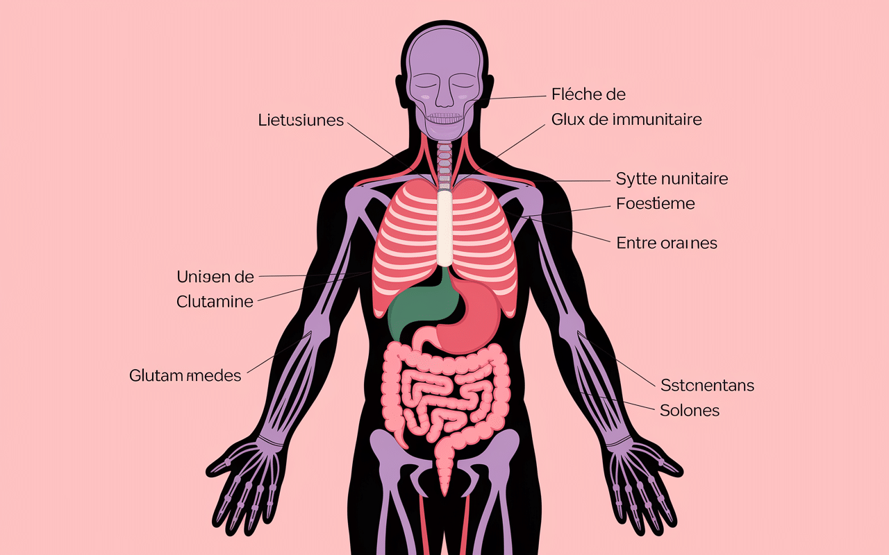 silhouette corps humain avec muscles intestins système immunitaire montrant le glutamine