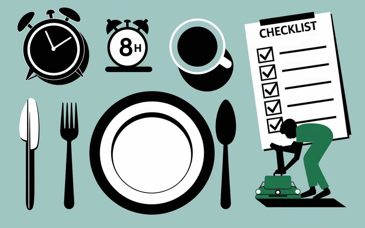Table avec assiette vide et checklist pour préparation prise de sang à jeun