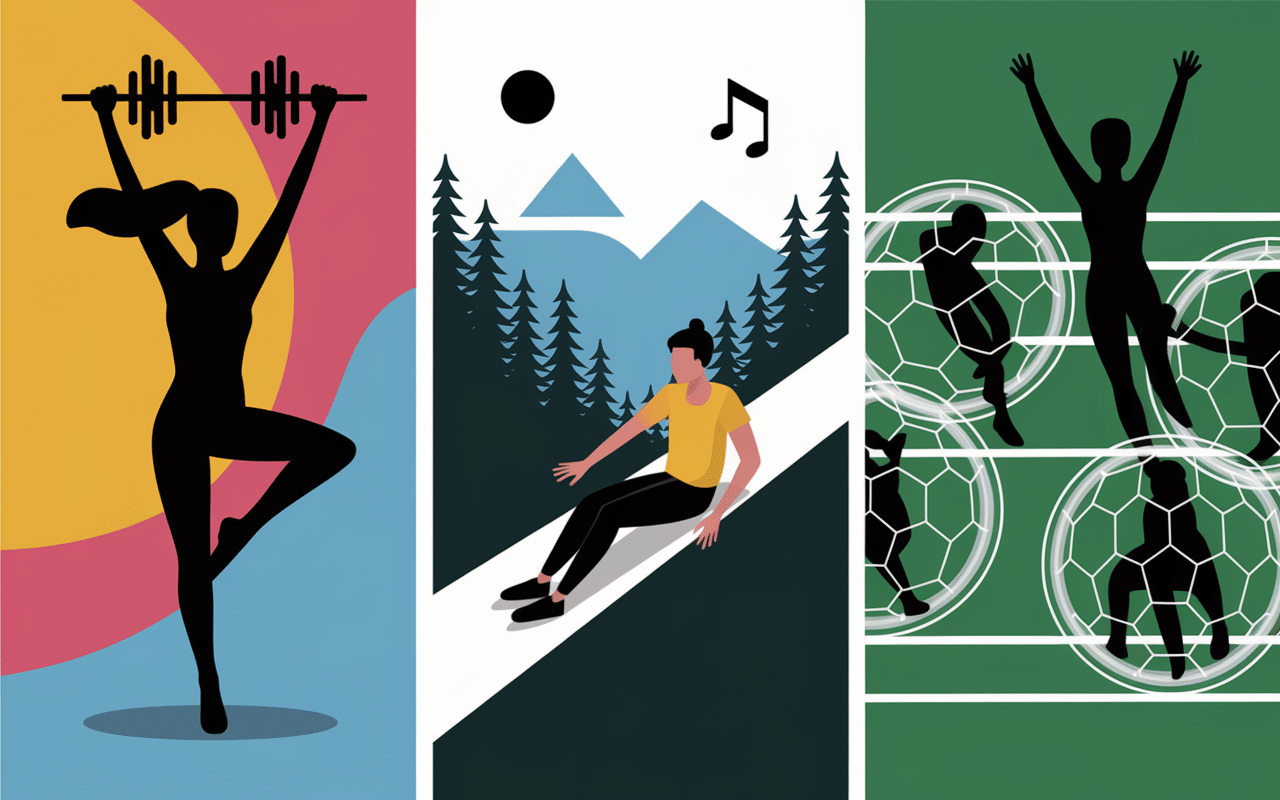 Illustration des sports Zumba, Tyrolienne, Zorb football