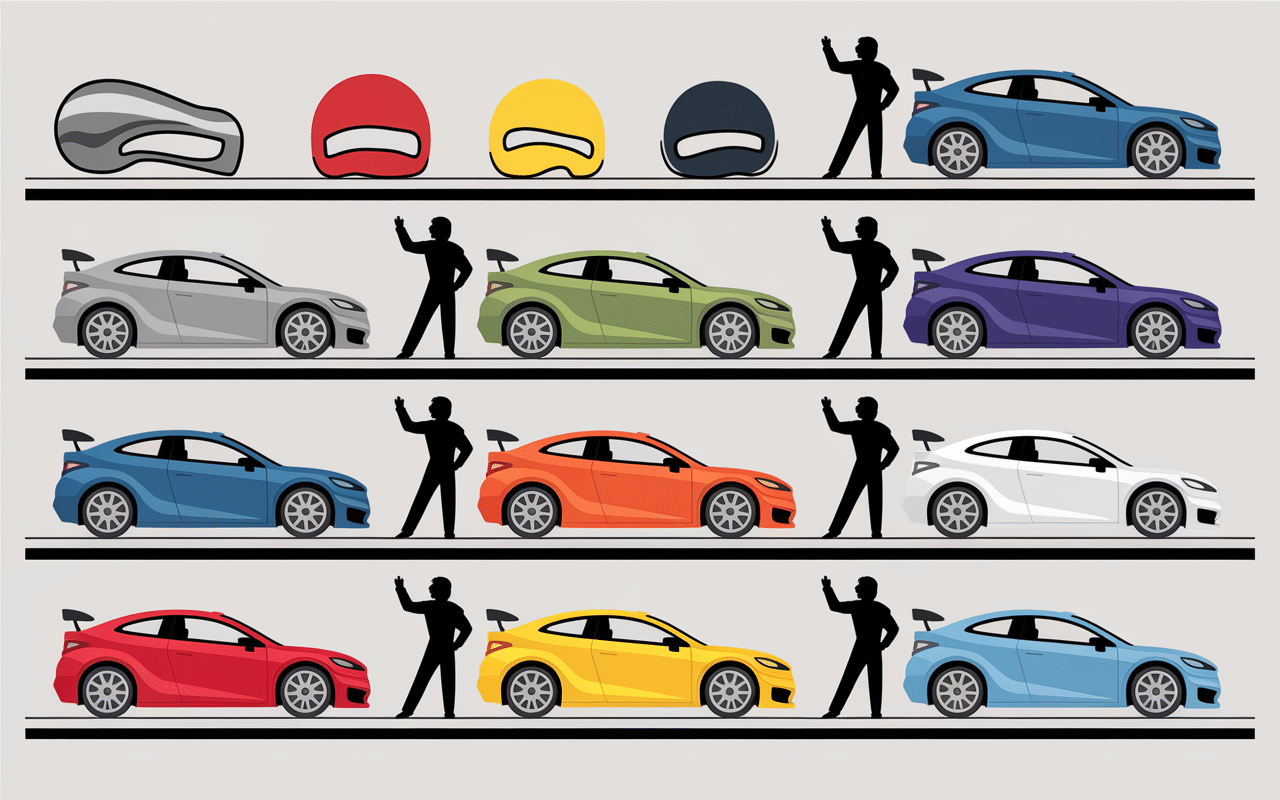 Pilotes en tenue et voitures de rallye modernes