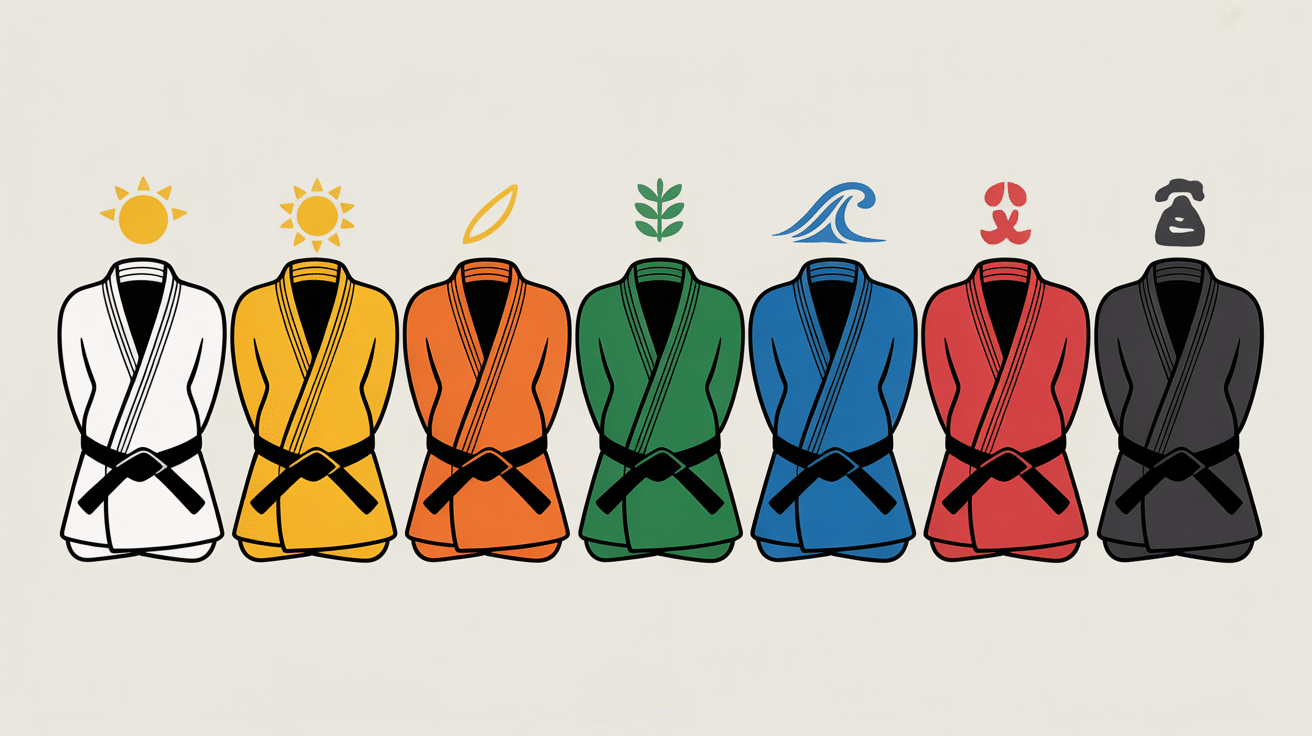 Alignement de ceintures de judo et symboles de signification
