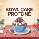 bowl cake protéiné entouré d'ingrédients healthy