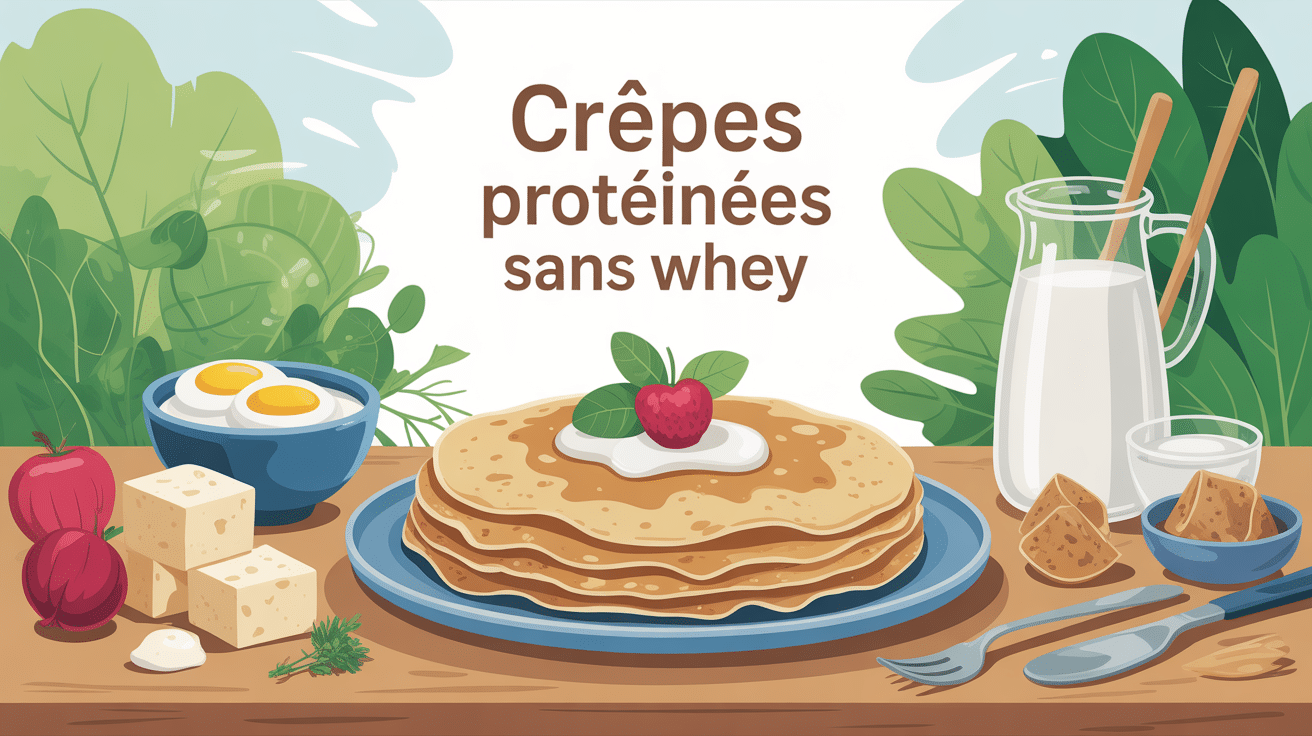Pile de crêpes protéinées sans whey avec œufs tofu skyr lait végétal