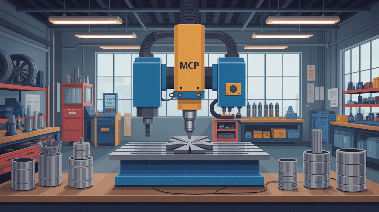 machine a frapper mcp au centre d’un atelier avec pieces marquees