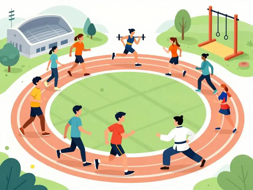 Vue générale stylisée des sports en m marche, musculation, marathon, arts martiaux