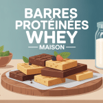 recette barre protéinée whey maison sur plateau avec ingrédients naturels