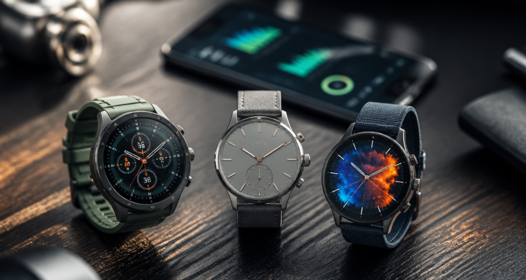 Comparatif montre connectée trois modèles haut de gamme sur bureau moderne