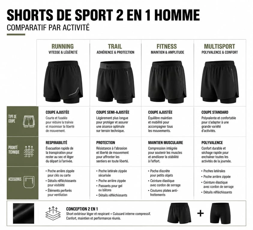 Infographie comparative des shorts 2 en 1 homme pour le sport