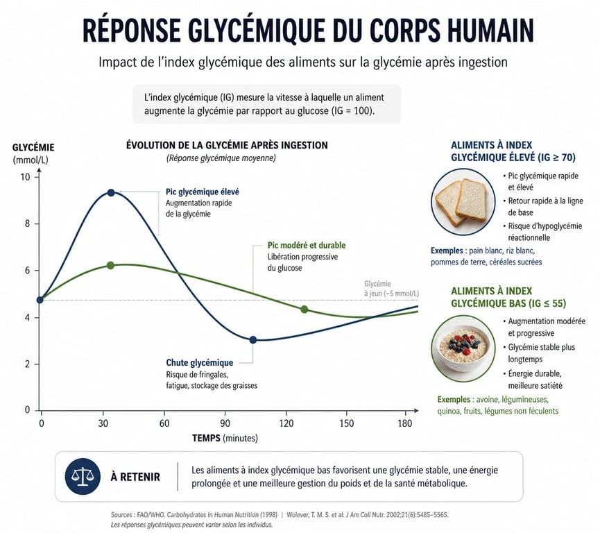 Infographie sur l'impact des aliments riches en glucides sur la glycémie et l'index glycémique