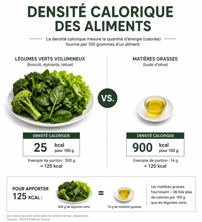 Infographie illustrant la densité calorique des aliments faibles en calories pour la perte de poids