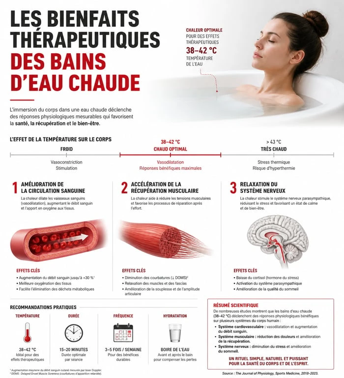 Infographie sur les bienfaits thérapeutiques des bains d'eau chaude pour la santé et la récupération musculaire