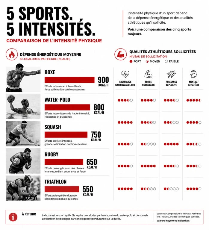 Infographie comparative des sports les plus physiques : dépense énergétique et qualités athlétiques pour le squash, la boxe et le rugby.