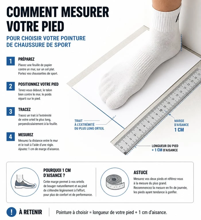 Infographie guide des tailles Hoka : comment mesurer son pied pour choisir la bonne pointure de chaussures de running.