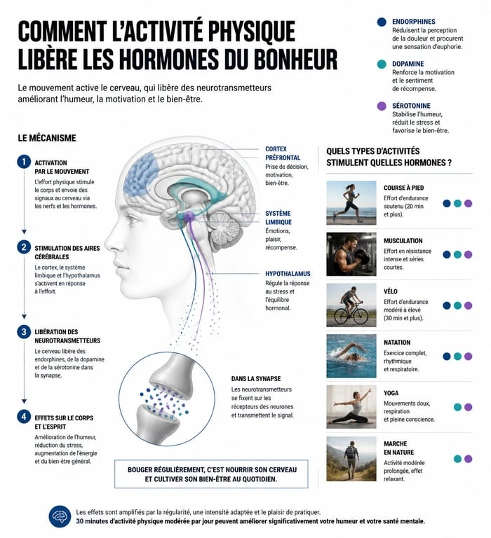 Infographie sur les hormones du bonheur et le sport : endorphines, dopamine et sérotonine