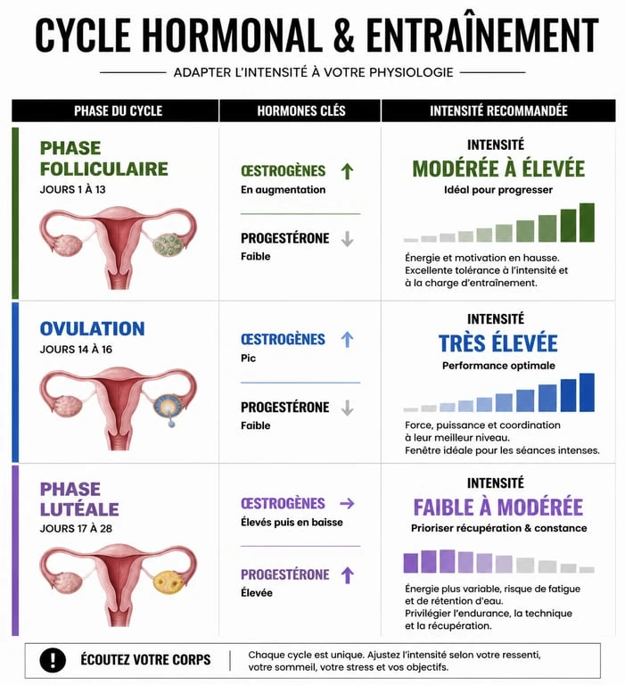 Infographie sur l'adaptation de l'entraînement fitness femme selon le cycle hormonal
