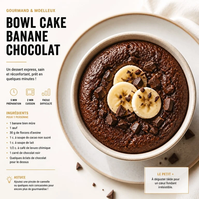 Bowl cake banane chocolat maison pour un petit-déjeuner sain