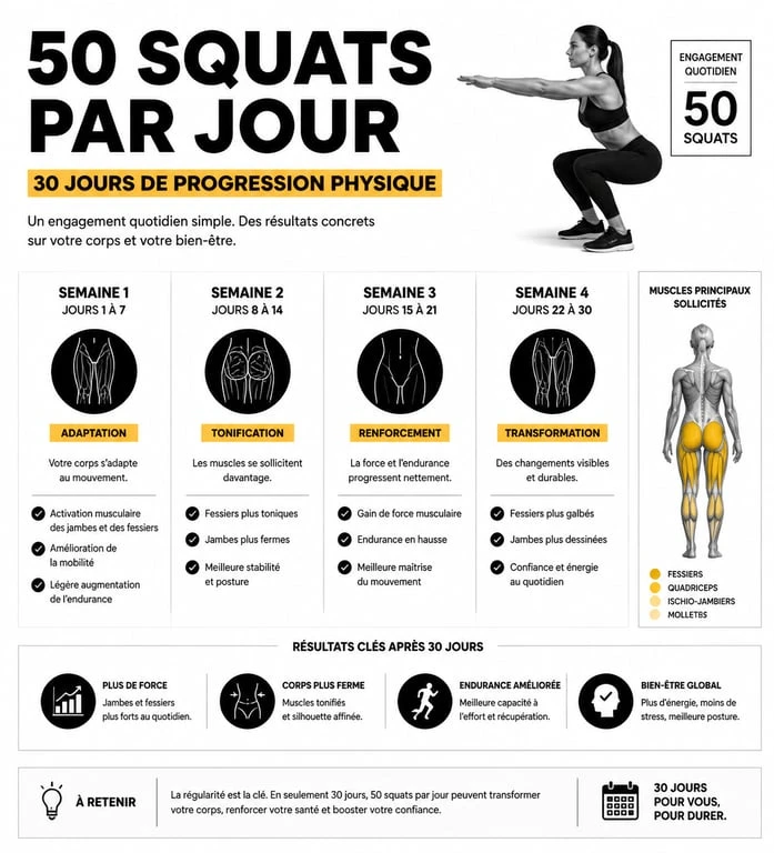 Progression physique après 50 squats par jour avant apres