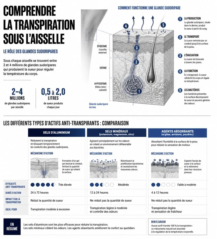 Infographie explicative sur le fonctionnement des anti-transpirants et le choix des ingrédients