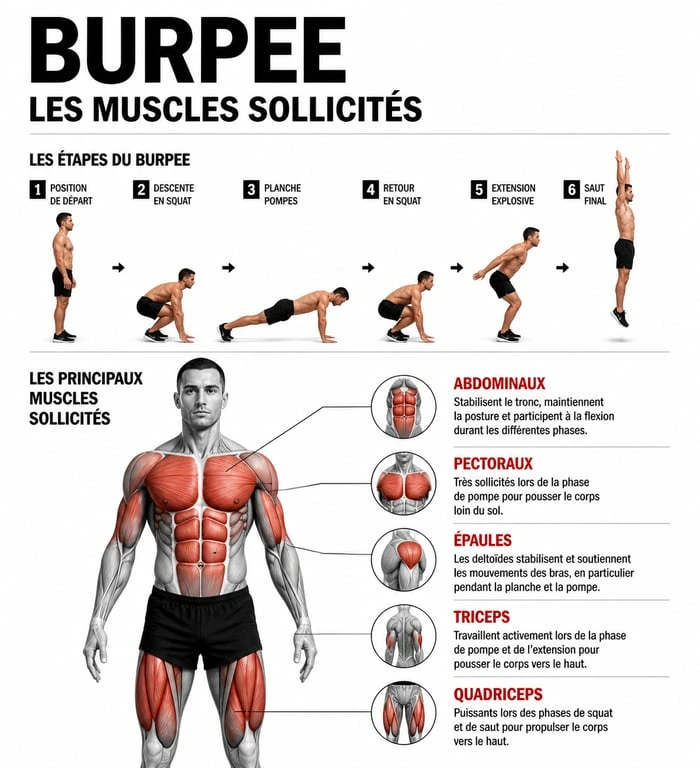 Infographie des muscles sollicités par les burpees pour une transformation physique