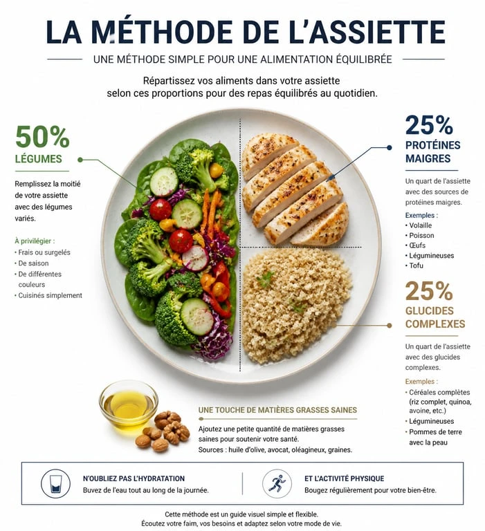 Infographie de la méthode de l'assiette pour perdre du poids sainement