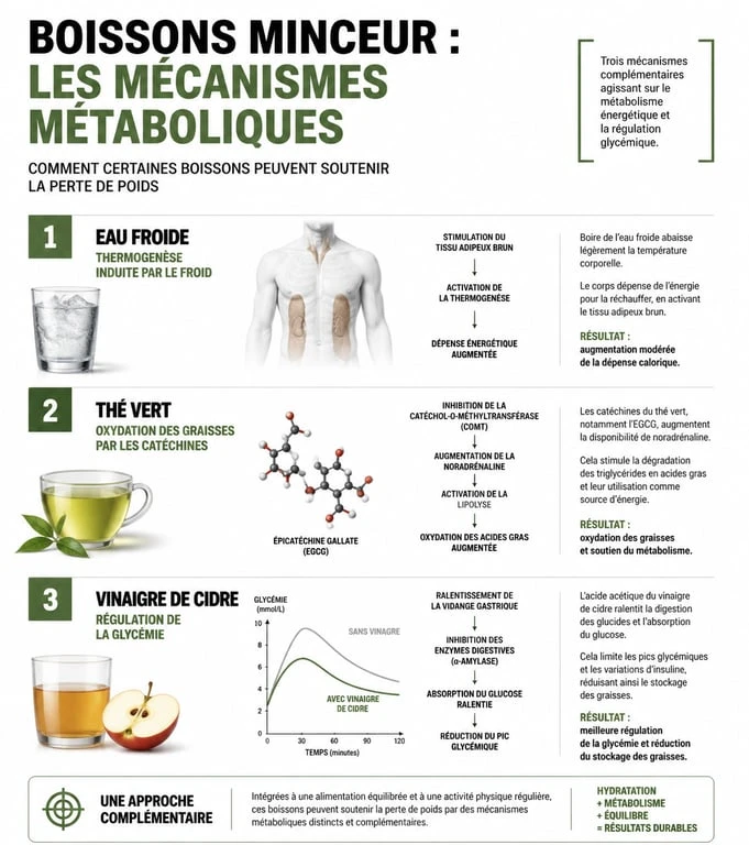 Infographie sur les mécanismes des boissons pour perdre du poids : thermogenèse, oxydation des graisses et régulation glycémique.